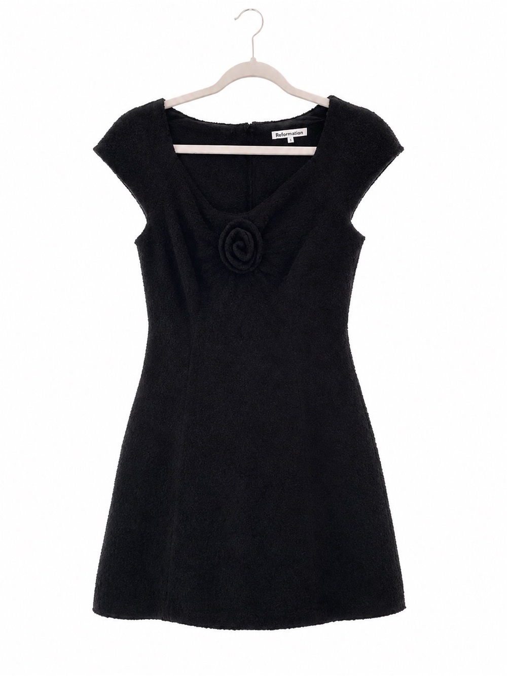 Reformation Black Cap Sleeve Rosette Mini Dress